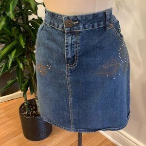Mwah Jeans Crystal Accented Gold Writing Denim Mini Skirt